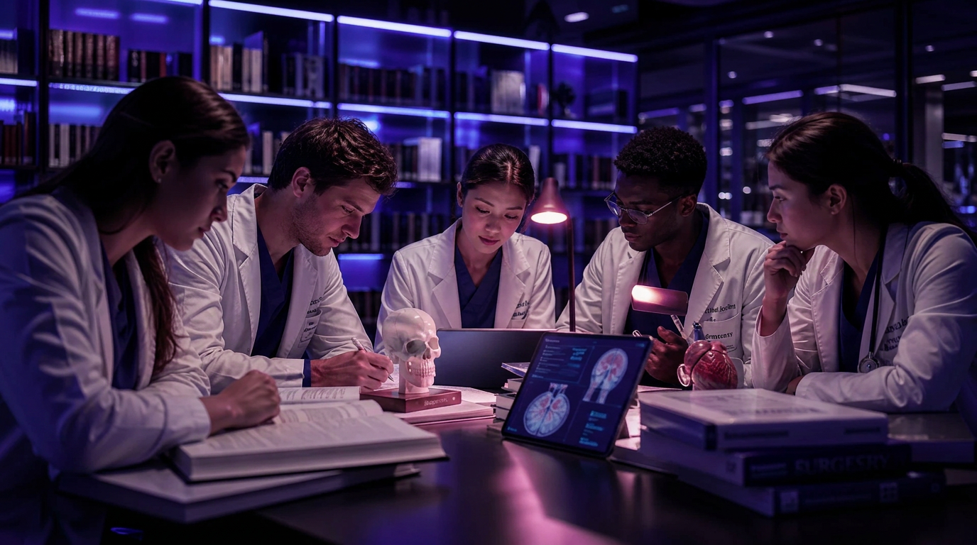 Estudantes de medicina estudando juntos com a plataforma QualificaMed